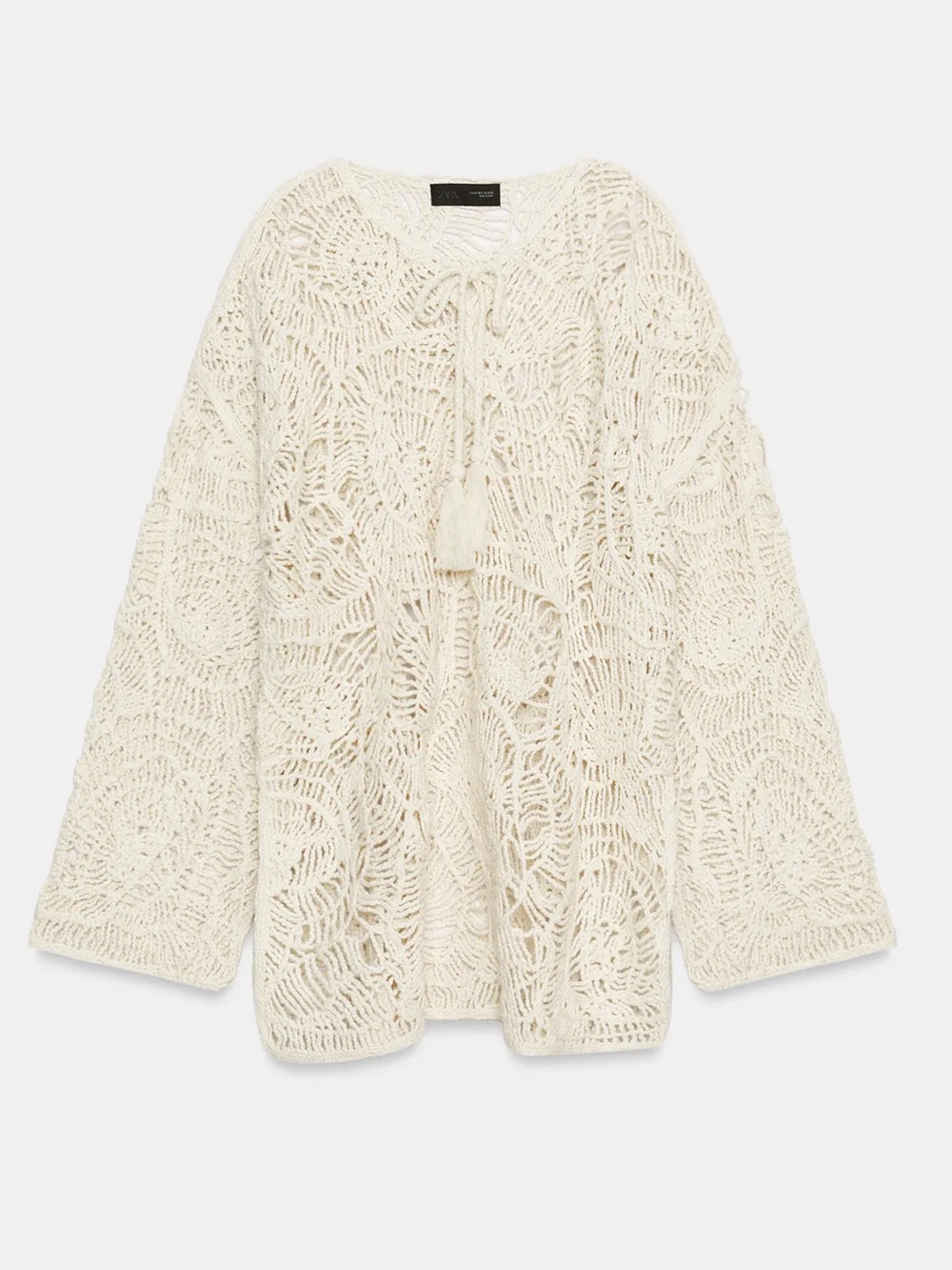 Zara Cream Open-Weave Crochet Cardigan with Tassel Tie